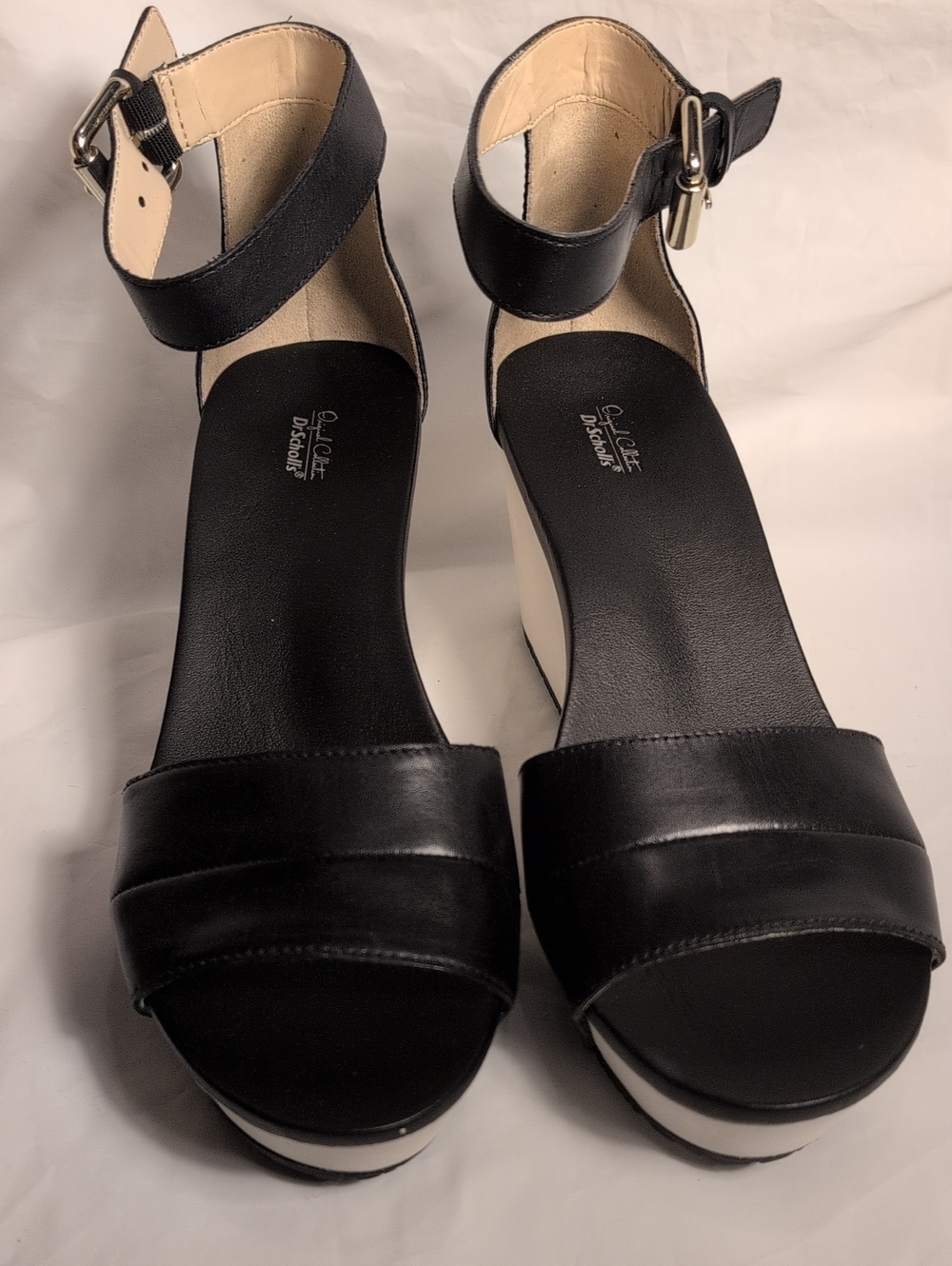 Dr. Scholls Black and White Leather Platform Ankle Strap Sandals